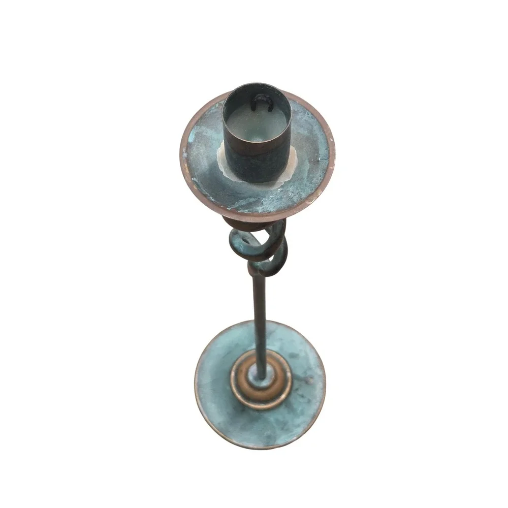 Vintage Brass Turquoise Verdigris Patina Candlestick Holder Twisted Helix 13 in.